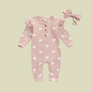 Heart Print Infant Baby Girls Romper With Headband