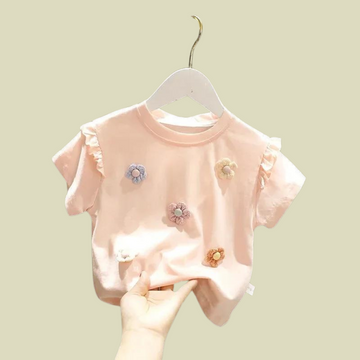 Baby Girls Lace Sleeve Cotton Summer Tee – Cute Floral Embroidered Top