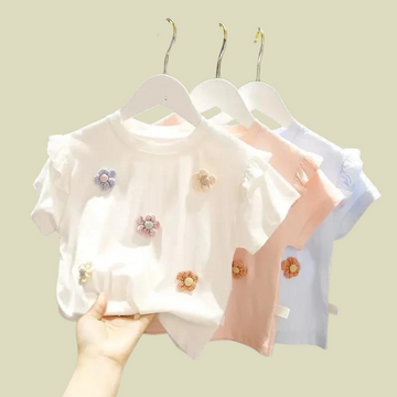 Baby Girls Lace Sleeve Cotton Summer Tee – Cute Floral Embroidered Top