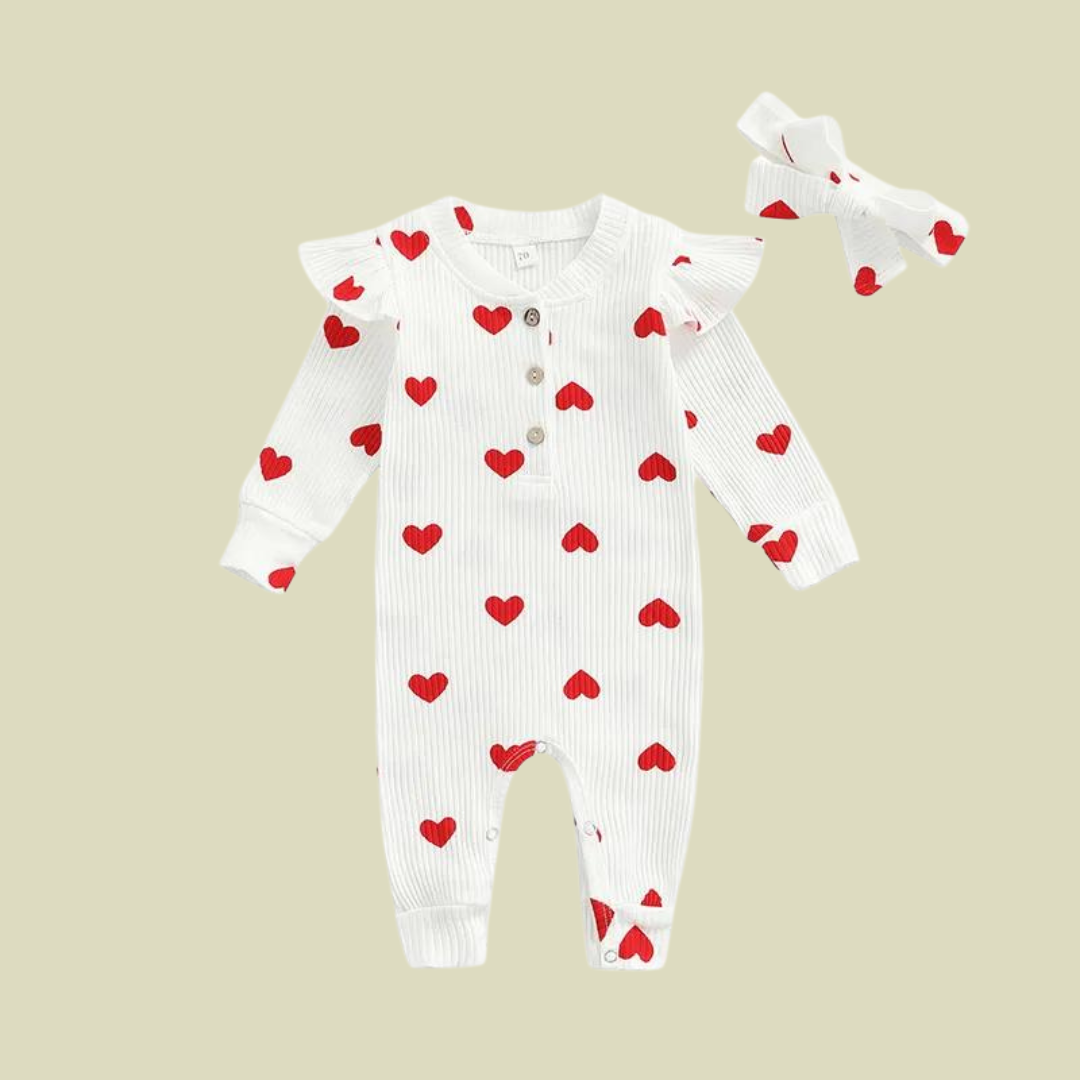 Heart Print Infant Baby Girls Romper With Headband