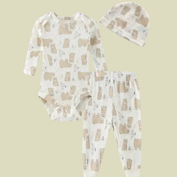 Newborn Baby Cotton Set Clothing : Bodysuit, Pants, Cap
