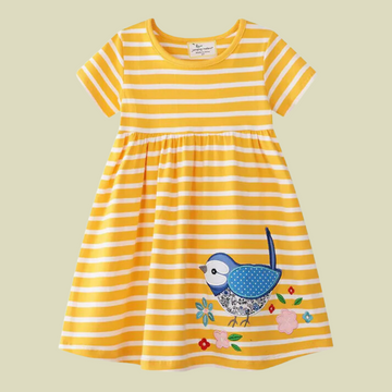 Princess Bird Embroidery Stripe Dress – Cotton Girls Knee-Length Outfit