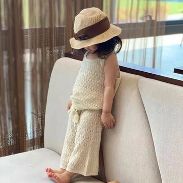Girls Beige Thin Knit Two-Piece Set – Korean Cotton Top & Pants Outfit (7–12Y)