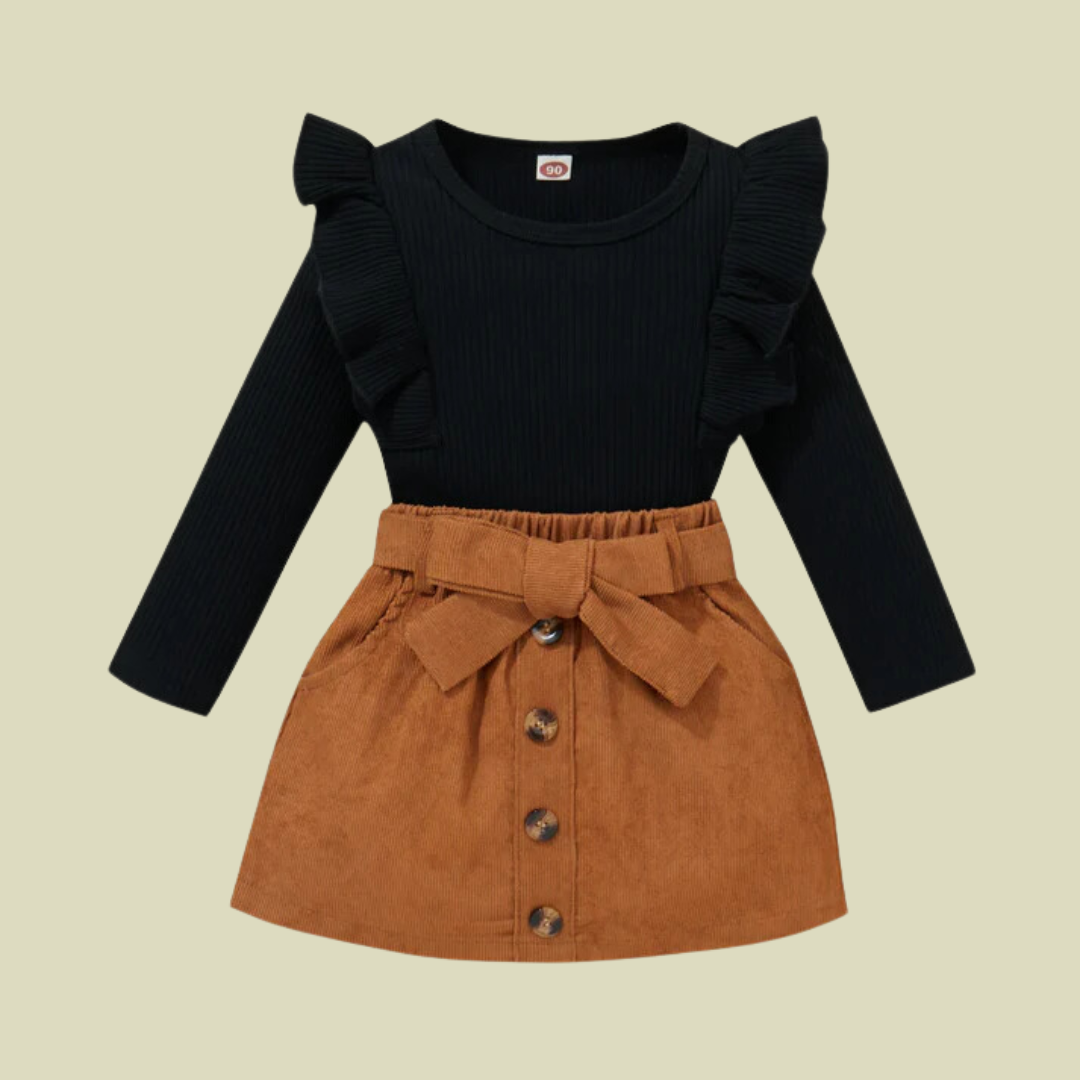 Ruffle Knitted Cotton Long Sleeves Tops & Button Skirt