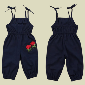 Girls Floral Cotton Romper – Black Rose Print Summer Playsuit (4–6 Years)