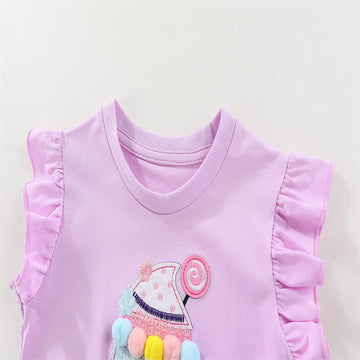 Pink Princess Cotton Dress for Girls – Ice Cream Embroidery Sleeveless Party Outfit