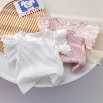 Flying Sleeve Summer Top for Baby Girls – Soft Cotton Patchwork Tee