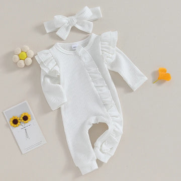 Baby Knit Waffle Romper with Ruffles & Headband – Newborn Cotton Outfit