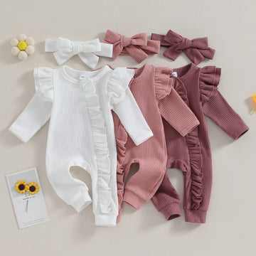 Baby Knit Waffle Romper with Ruffles & Headband – Newborn Cotton Outfit