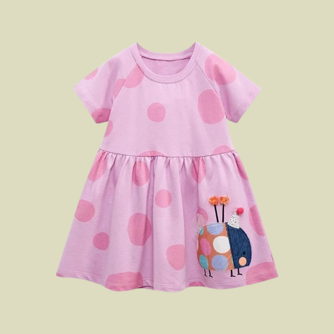 Embroidery Ladybug Polka Dot Pink Dress